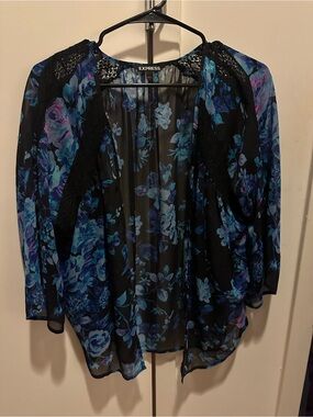 Express Black Sheer Floral Kimono with Blue and Purple Print